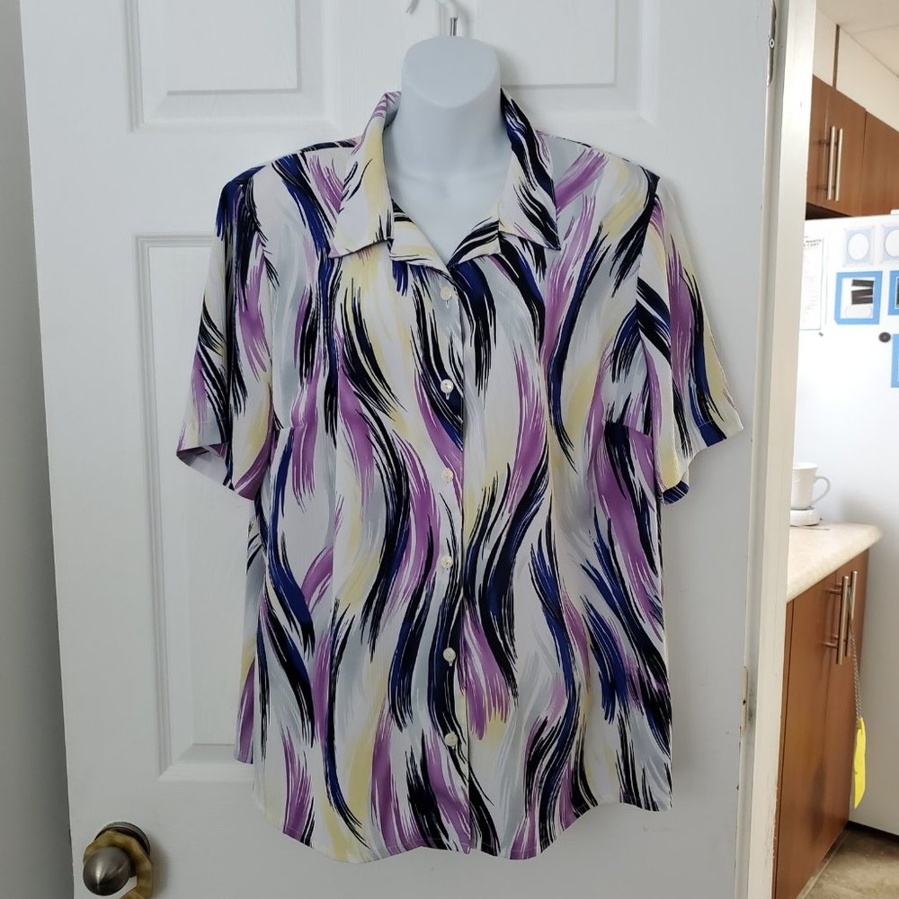ALIA Black Purple White Blouse Size 16W 100% Polyester